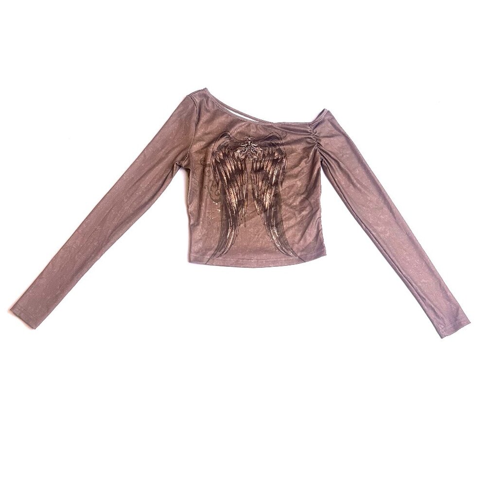 brown off-the-shoulder long sleeve top w/ wing design